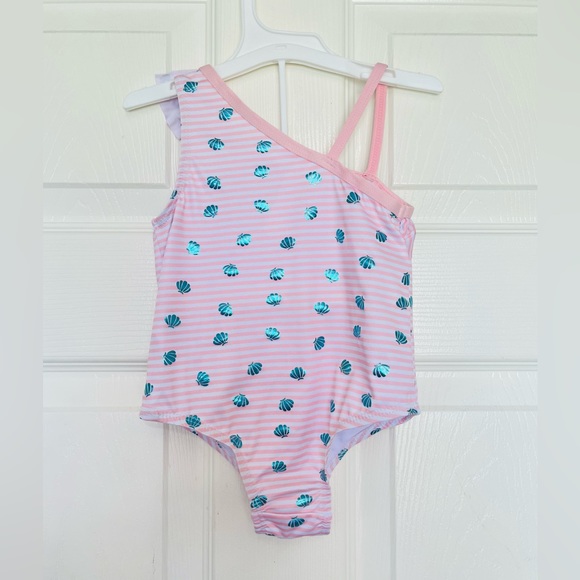 Pink Platinum Girls Baby Pink White Stripes Shell One Shoulder Swimsuit … - Picture 4 of 12